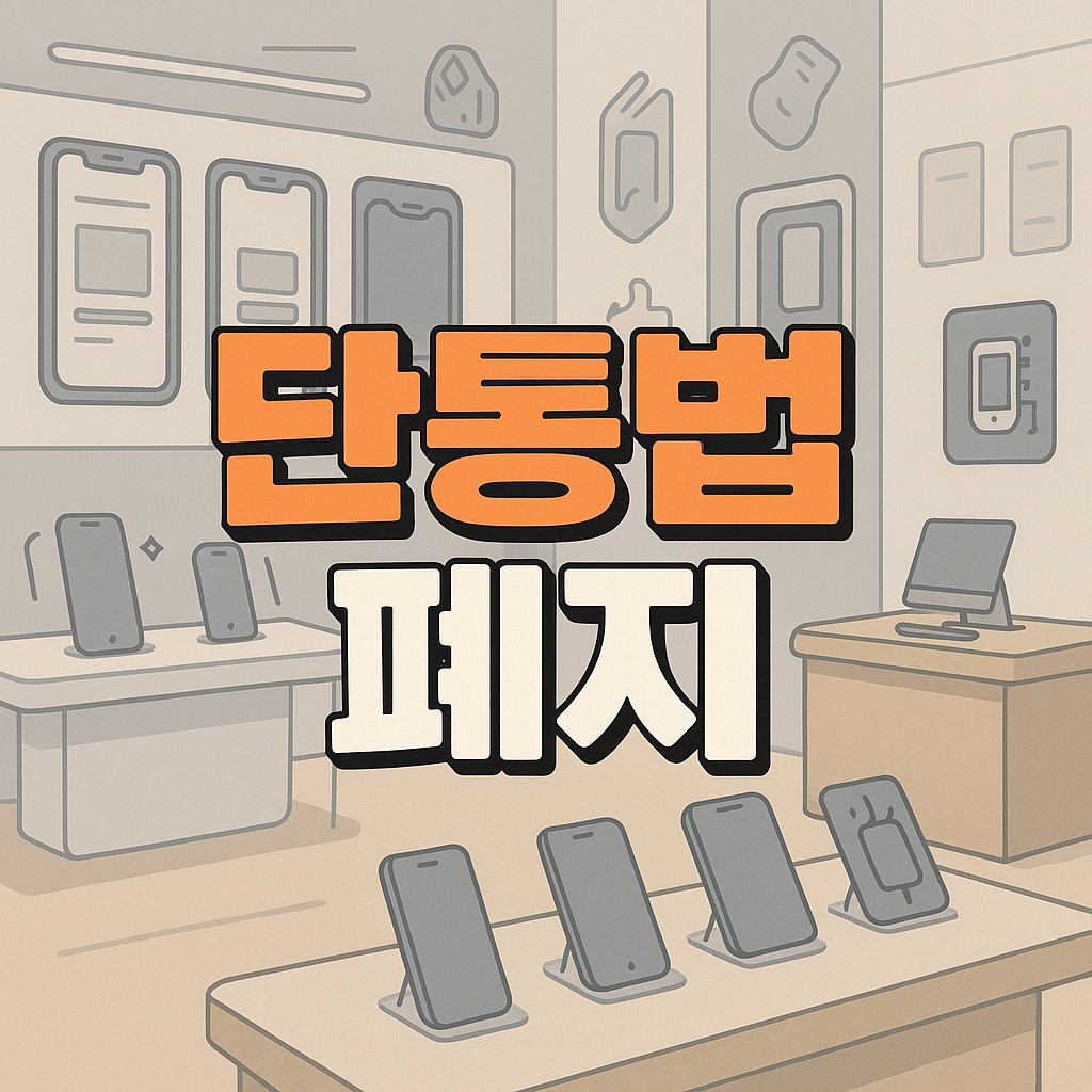 단톡법 폐지라는 문구가 중심에 강조된 일러스트 이미지로, 스마트폰과 휴대폰 매장이 배경으로 표현되어 있습니다. 휴대폰 진열대, 매장 내부 아이콘들이 묘사되어 있으며 단통법 폐지와 관련된 제도 변화(자급제, 기기변경, 아이폰, 시행일 등)에 대한 정보를 시각적으로 암시합니다