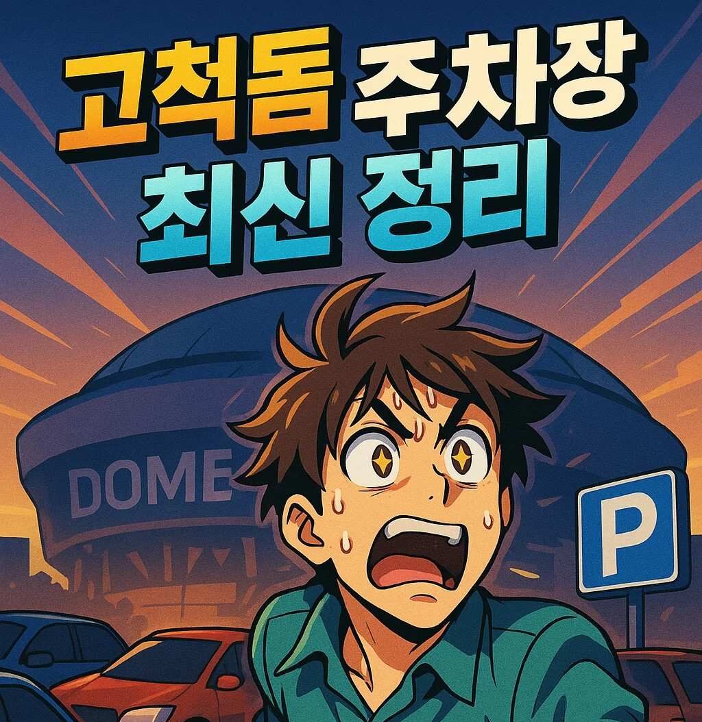 고척돔 주변 주차장 정보를 찾는 관람객을 묘사한 애니메이션 스타일 이미지. 도보 이동 거리별 민간주차장 안내를 시각적으로 표현한 삽화.