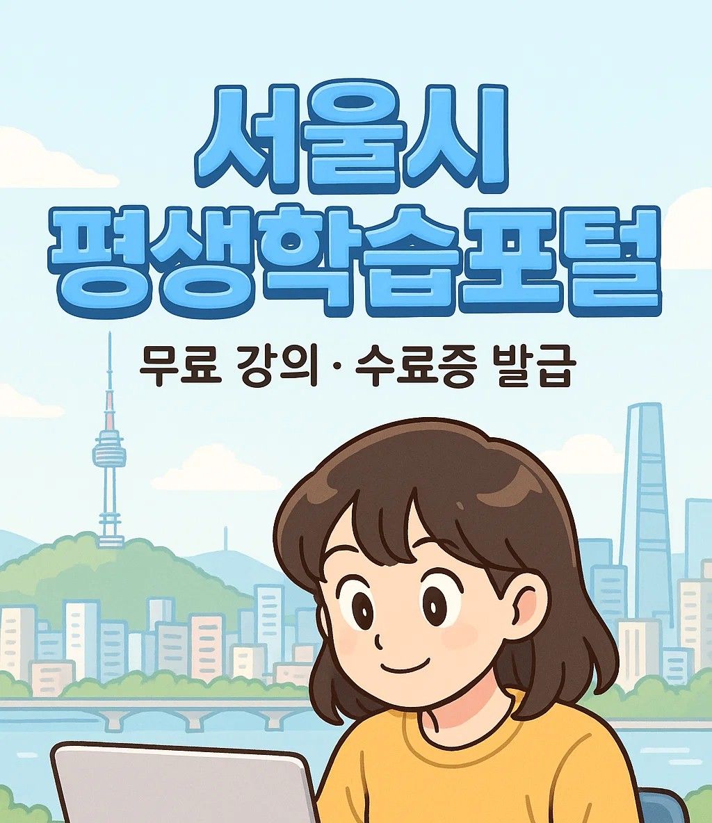 노트북으로 강의를 수강하는 여성 캐릭터 이미지. 배경에는 서울의 대표 랜드마크(N서울타워, 롯데타워)가 보이며, 상단에는 ‘서울시 평생학습포털’이라는 입체적인 타이틀 문구와 ‘무료 강의 · 수료증 발급’이라는 부가 설명이 포함됨. 서울시가 운영하는 공공 온라인 교육 플랫폼인 ‘서울시 평생학습포털’의 대표 콘텐츠를 시각적으로 표현한 이미지.