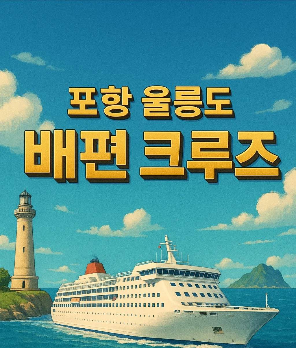 포항 울릉도 배편 크루즈를 주제로 한 홍보 이미지로, 파란 하늘과 등대, 대형 여객선이 함께 등장하며 울릉도로 가는 크루즈 여행 분위기를 전합니다.