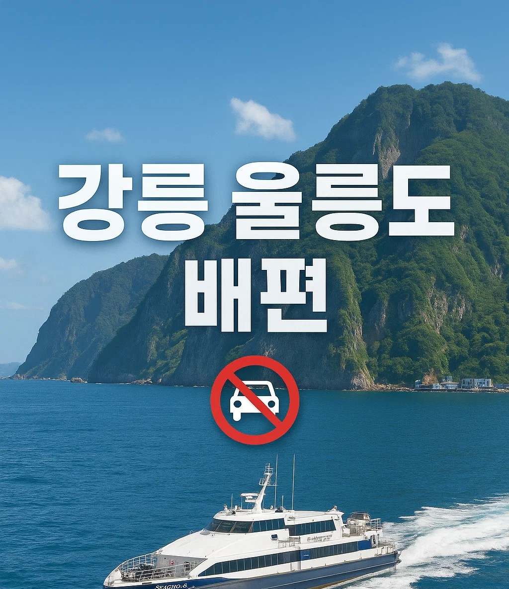 강릉 울릉도 배편 정보 안내 이미지. 강릉항에서 울릉도 저동항까지 운항하는 쾌속선 씨스타호 실사 장면이며, 해당 배편은 차량 탑승이 불가능함을 자동차 금지 아이콘으로 명확히 표현하고 있습니다.