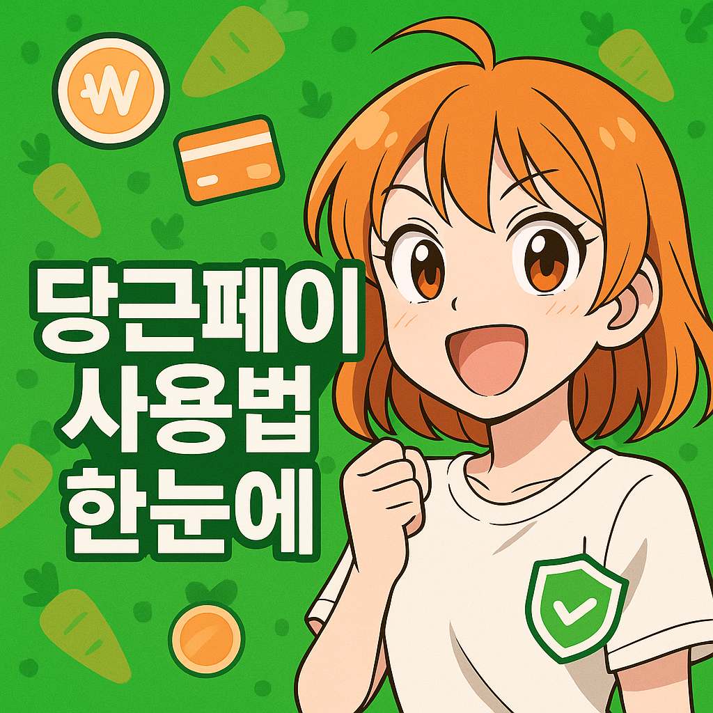 당근페이 사용법을 시각적으로 보여주는 일본 애니메이션풍 썸네일 이미지로, 감정 표현이 강조된 캐릭터와 당근 배경, 페이 아이콘이 어우러져 직관적인 정보를 전달합니다.