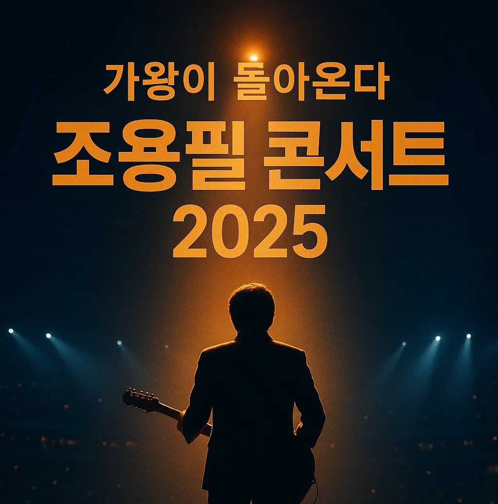 조용필 콘서트를 앞두고 제작된 2025년 공연 포스터 이미지로, KBS 추석 특집 무료 공연이라는 정보를 시각적으로 담고 있으며, 예매 일정과 고척 스카이돔 개최 장소 등이 함께 안내되어 있습니다.