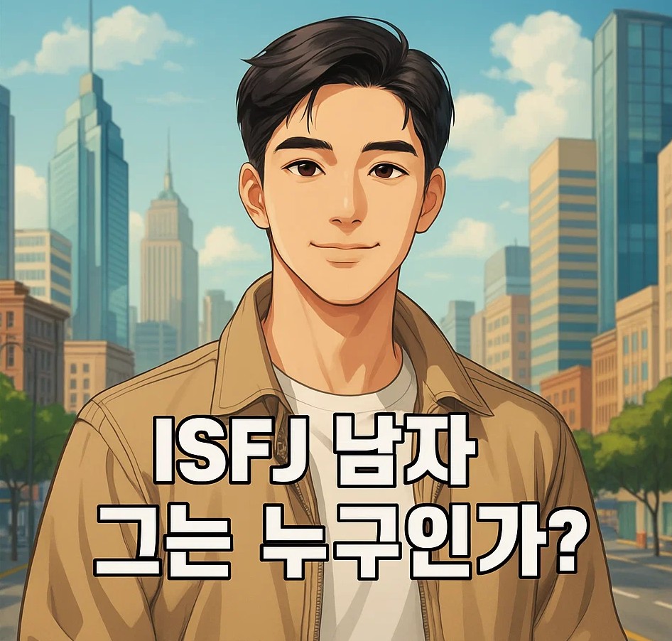 도심 배경의 따뜻한 인상의 ISFJ 남자 일러스트 – 책임감 있고 섬세한 성격의 MBTI 유형을 나타냄