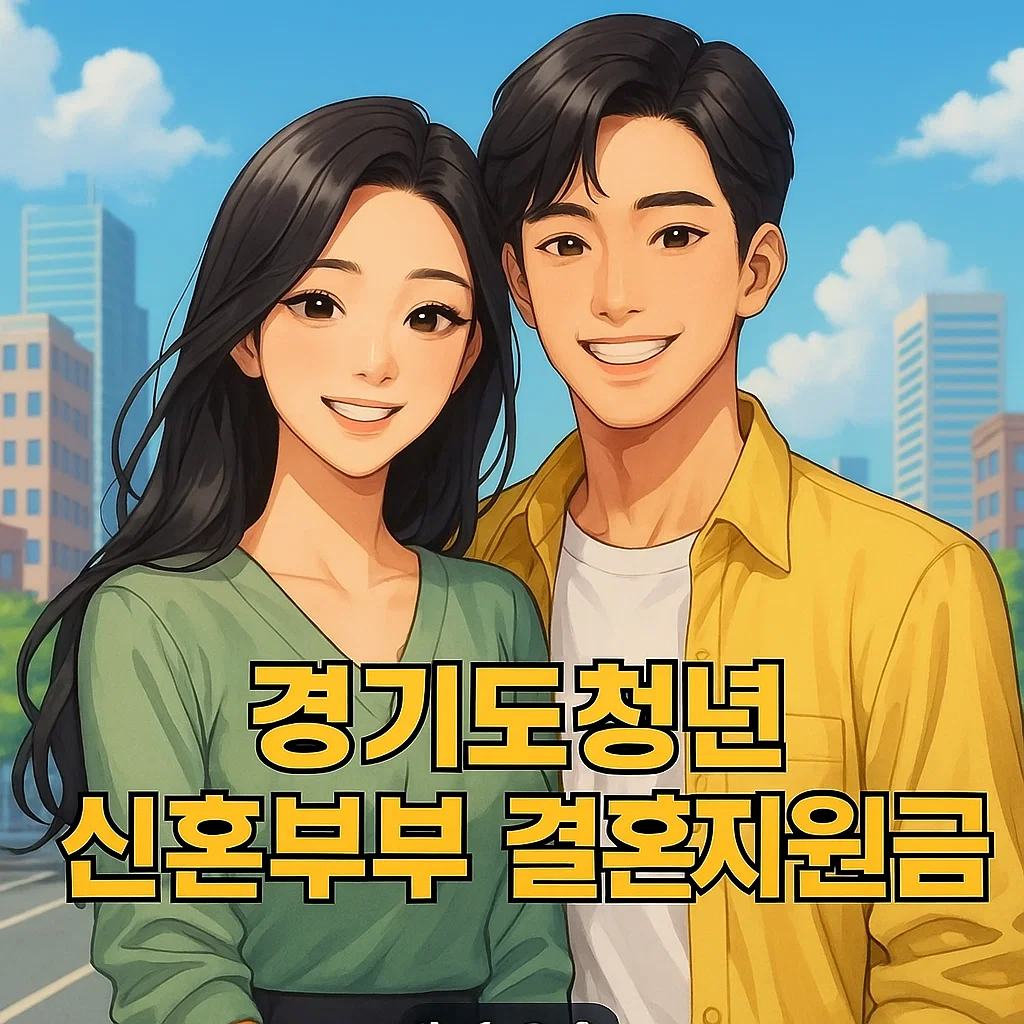 경기도에 거주 중인 청년 신혼부부 대상 100만 원 결혼지원금 혜택을 소개하는 안내 이미지. 남녀 커플이 도시 배경에서 환하게 웃고 있으며, ‘경기도청년 신혼부부 결혼지원금’ 문구가 강조되어 있다.