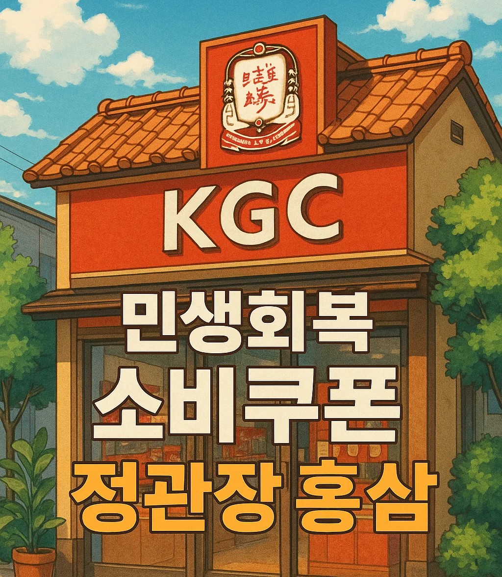 정관장 매장 앞에 ‘민생회복 소비쿠폰 정관장 홍삼’이라는 문구가 강조된 일러스트 이미지로, 소비쿠폰 사용 가능 매장을 안내하는 시각 자료