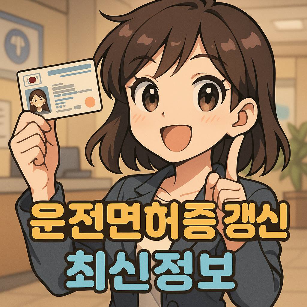 부드러운 셀 셰이딩과 과장된 눈이 특징인 일본 애니풍 캐릭터가 운전면허증 갱신을 안내하는 장면. 배경에는 온라인 신청과 최신 갱신 절차를 상징하는 시각 요소들이 포함되어 있으며, 적성검사와 시력기준 관련 연관 정보도 함께 표현됨.