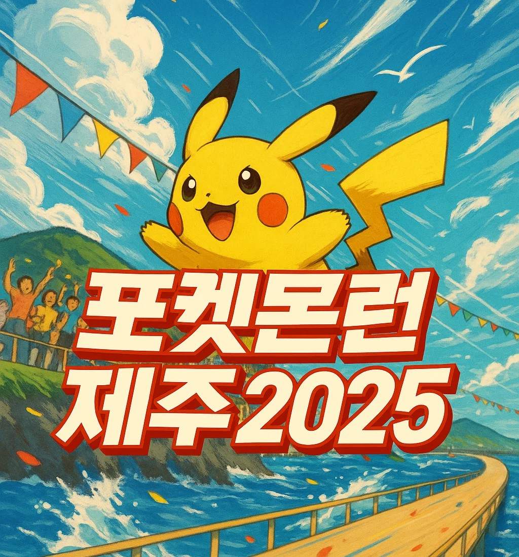 활기찬 제주 해안도로 위를 달리는 피카츄와 함께한 포켓몬런 제주 2025 대표 이미지. 중문CC를 배경으로 가족과 아이들이 환호하며 즐기는 포켓몬 런 행사 장면.