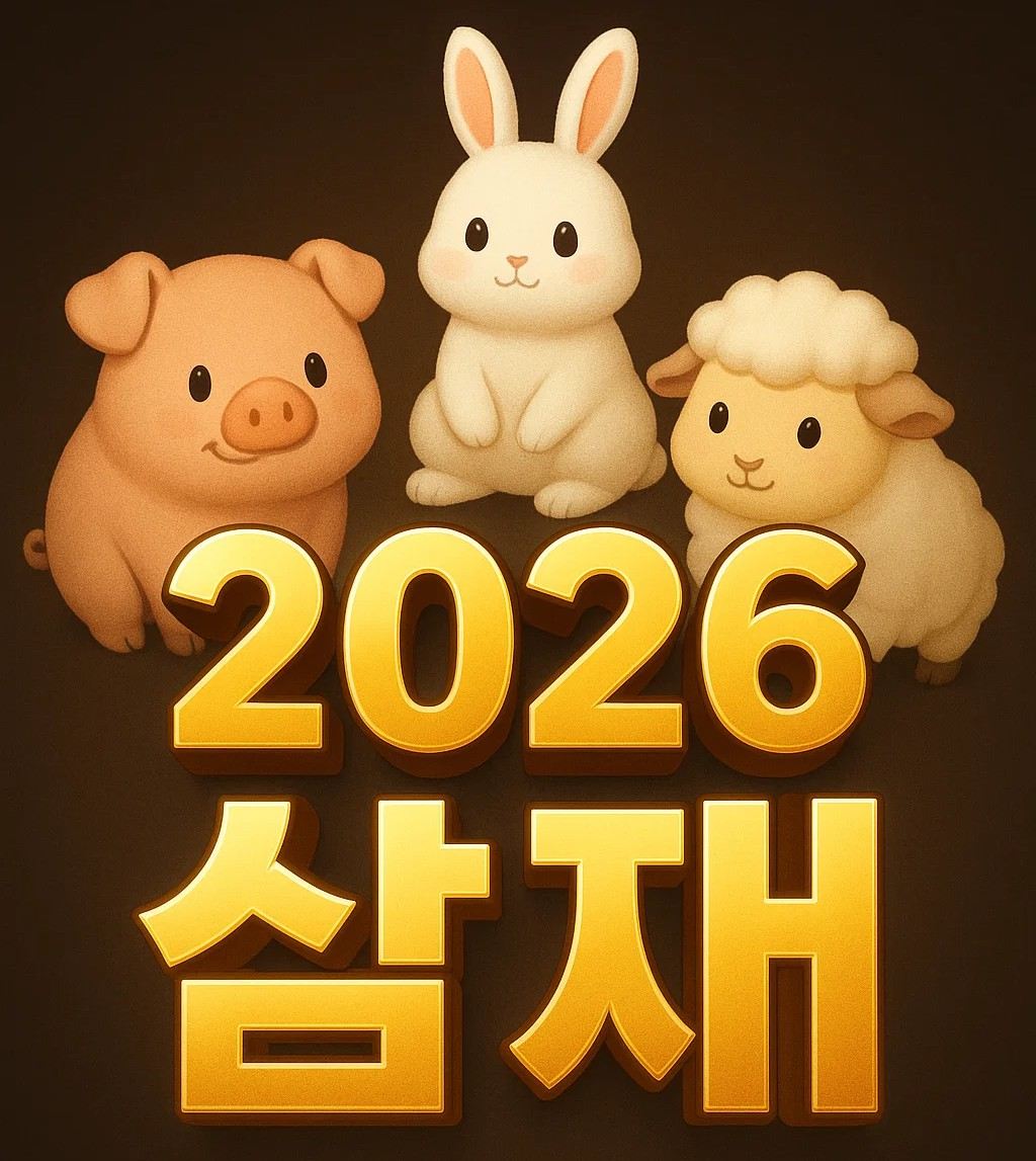 26년 삼재띠 돼지띠 토끼띠 양띠가 함께 있는 귀여운 캐릭터 이미지, 2026년 삼재 눌삼재 해석을 강조한 대표 이미지