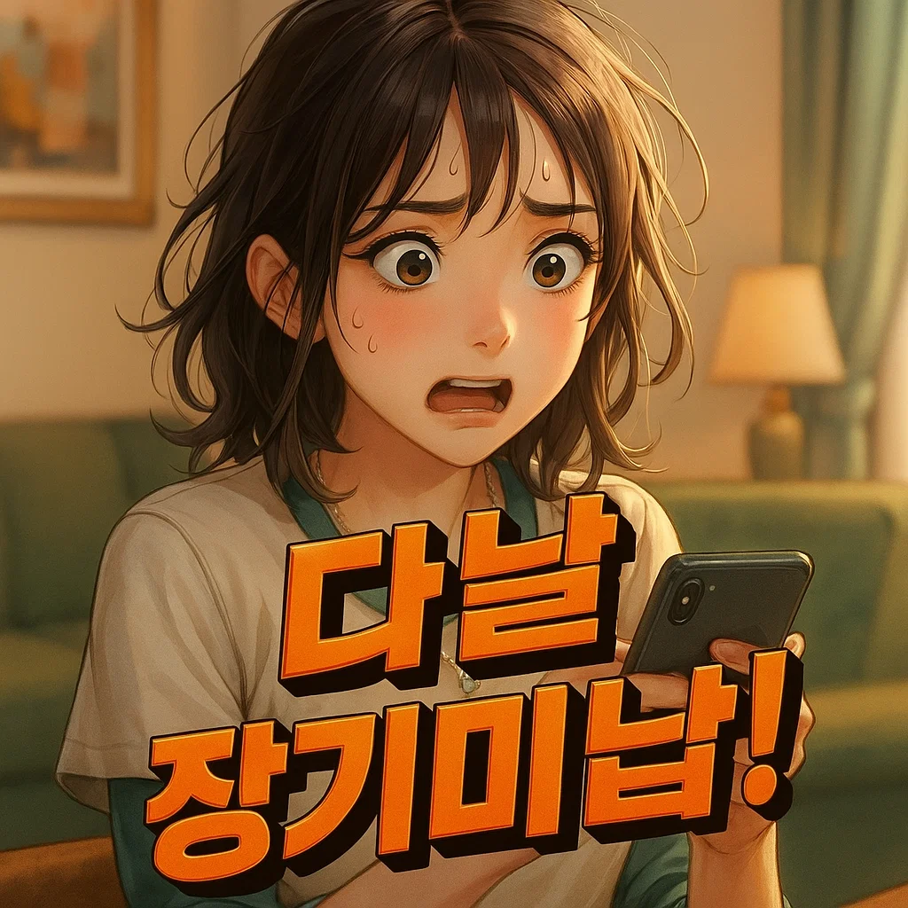 다날 장기미납 썸네일: 휴대폰 결제 미납에 놀란 여성 일러스트, 해결방법·통장압류 대처·채권추심 대응·소멸시효·분할납부·해제·조회 안내