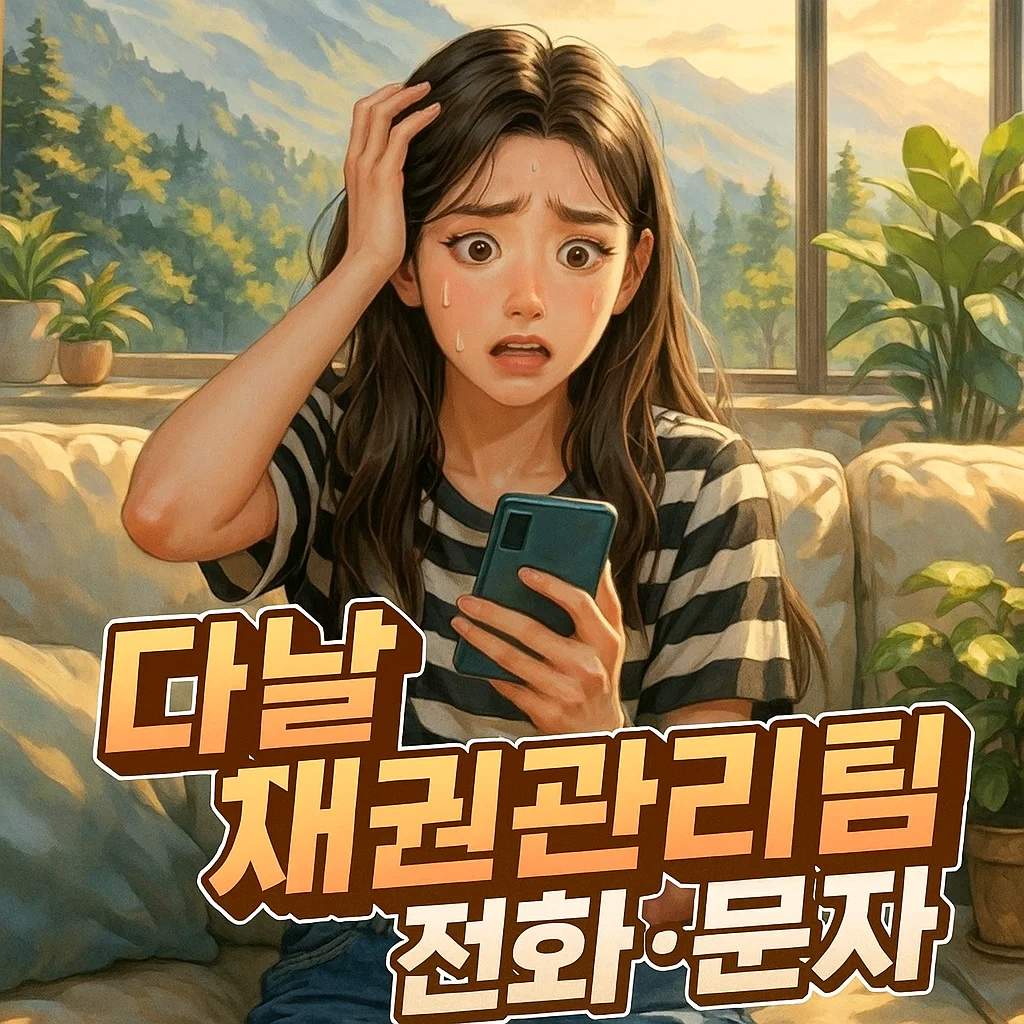 휴대폰을 보고 놀란 여성 일러스트, '다날 채권관리팀 전화·문자' 경고 문구 삽입