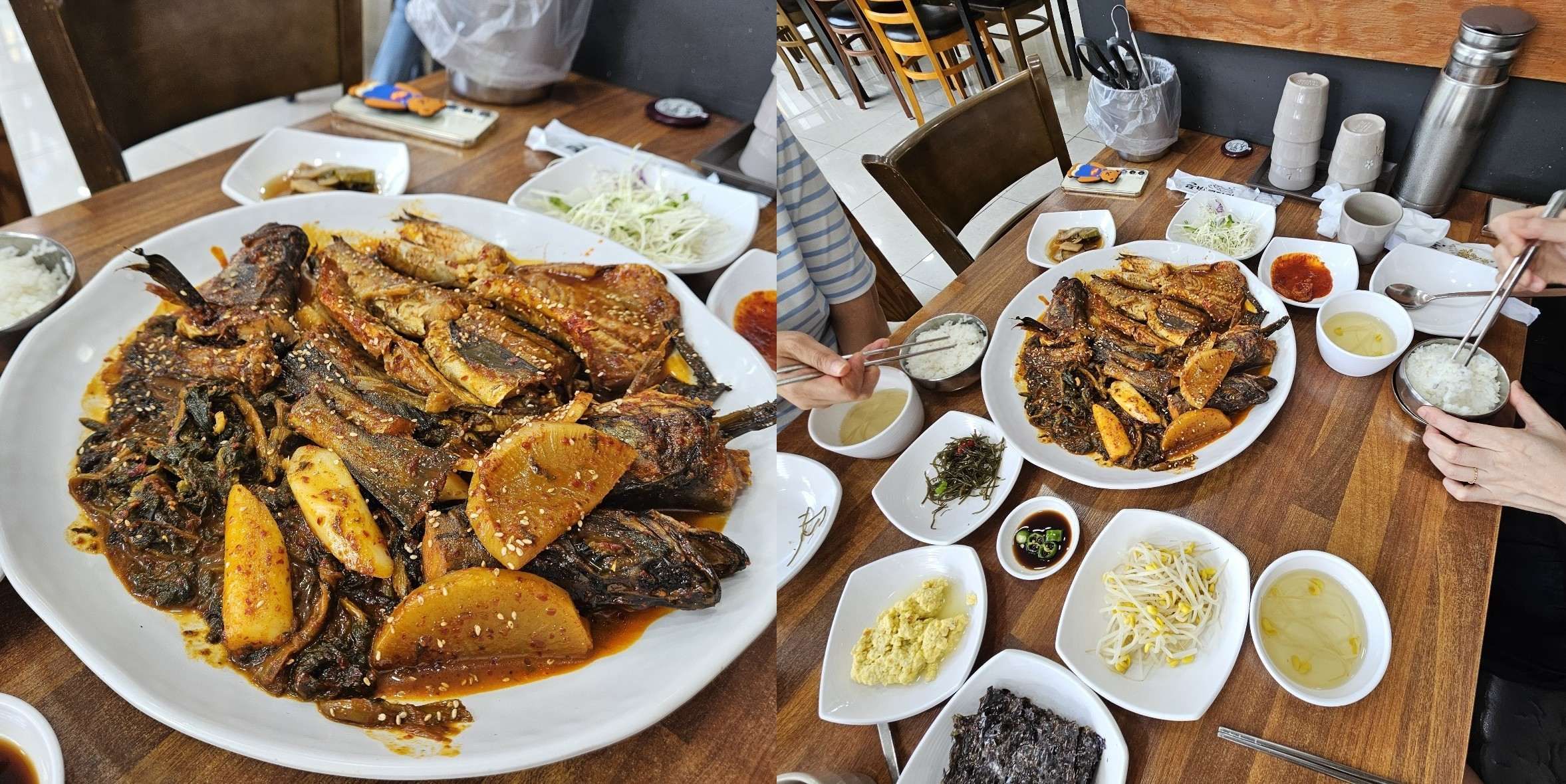 부산 덕천동 금빛코다리 매장에서 제공되는 코다리찜과 다양한 밑반찬 상차림