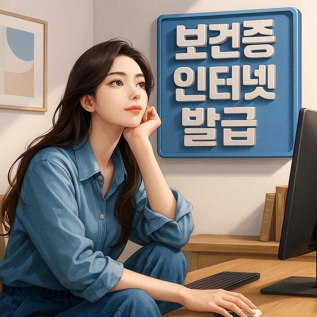 컴퓨터 앞에서 보건증 인터넷 발급을 준비하는 여성, 정부24와 e-보건소 온라인 발급 방법, PDF 저장, 출력, 주말·야간 발급 안내
