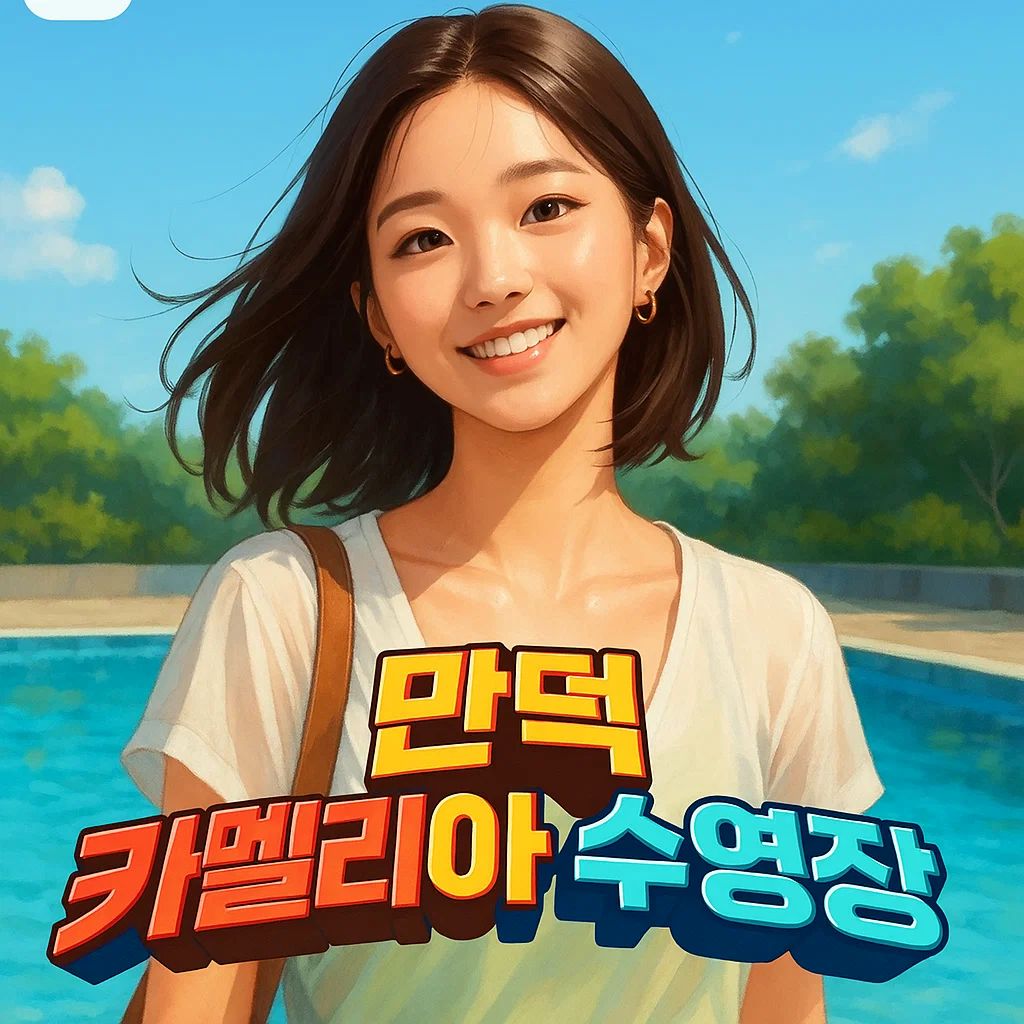 부산 만덕 카멜리아 수영장 입구에서 미소 짓는 여성과 여름 수영장 전경, 여름 휴가 추천 장소