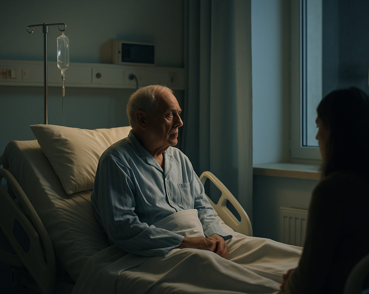 수술 후 섬망증상 중 헛소리와 이상행동을 보이는 고령자가 병실에서 밤에 보호자와 함께 있는 모습