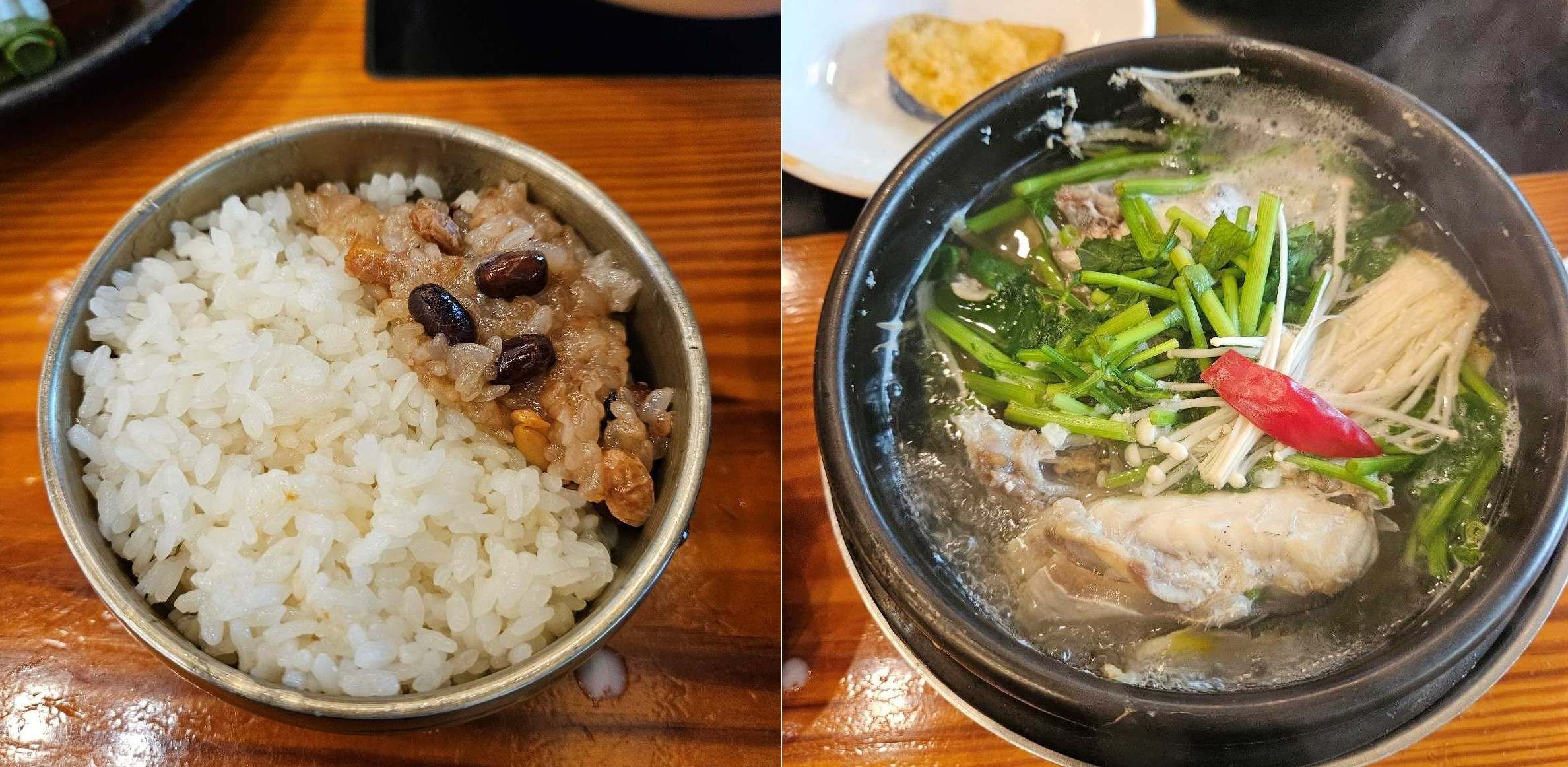 덕천 복집 본점에서 제공되는 잡곡밥과 흰밥이 섞인 공기밥, 그리고 복지리 한 그릇