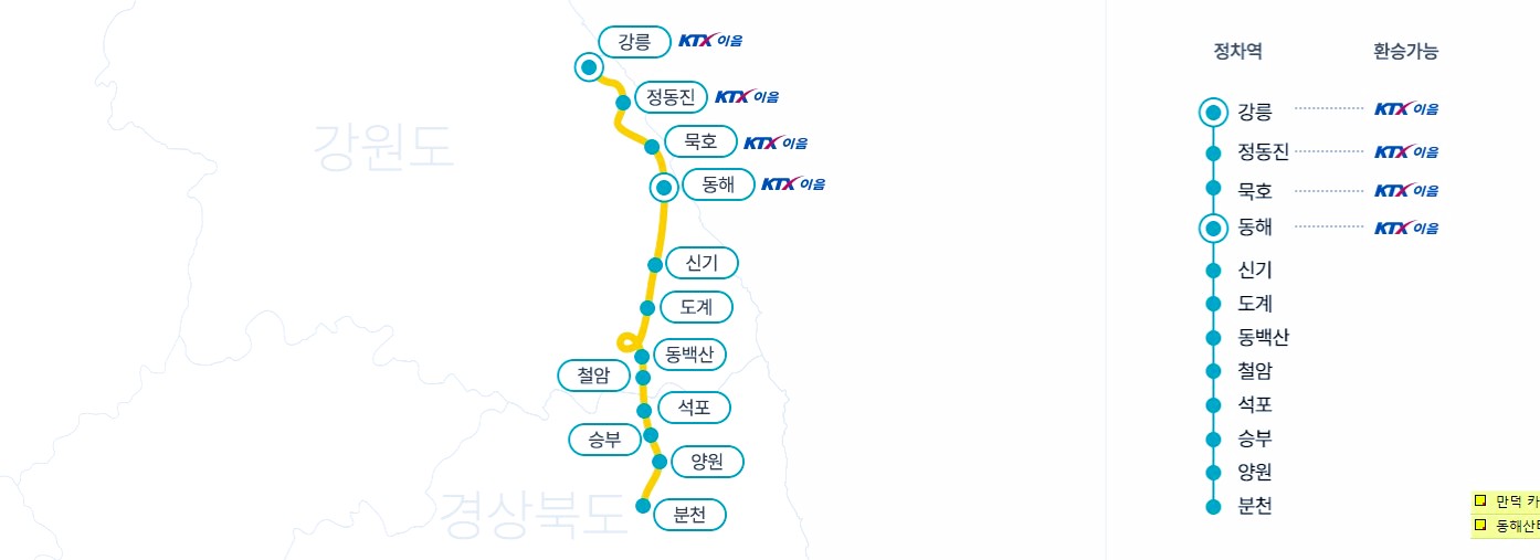 동해산타열차 노선도, 강릉에서 분천까지 주요 정차역과 노선 경로를 한눈에 볼 수 있는 이미지