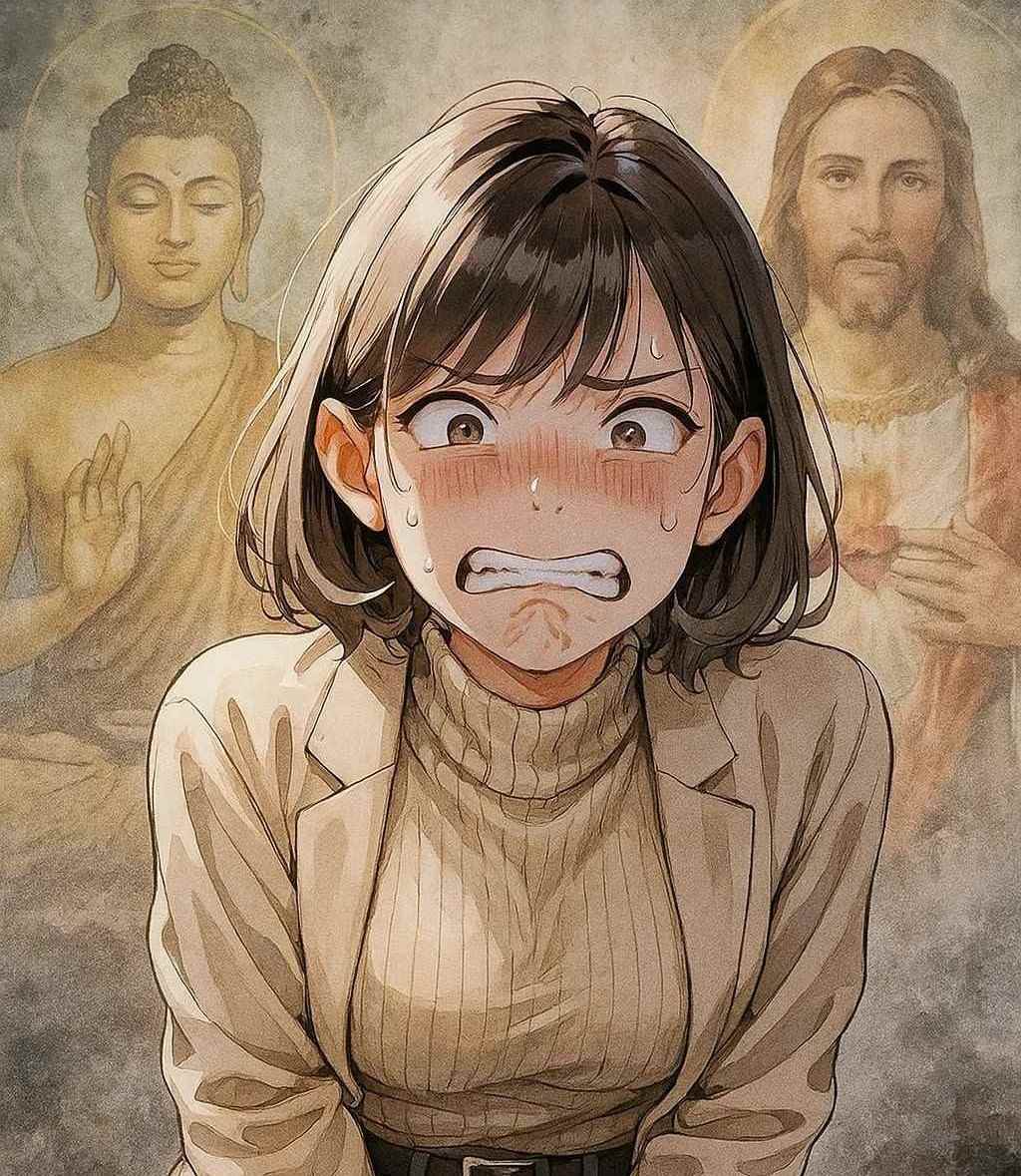 급똥 참는법 상황에서 여성이 땀을 흘리며 참는 모습 일러스트, 배변 신호를 버티는 자세와 혈자리 지압법을 상징적으로 표현한 이미지