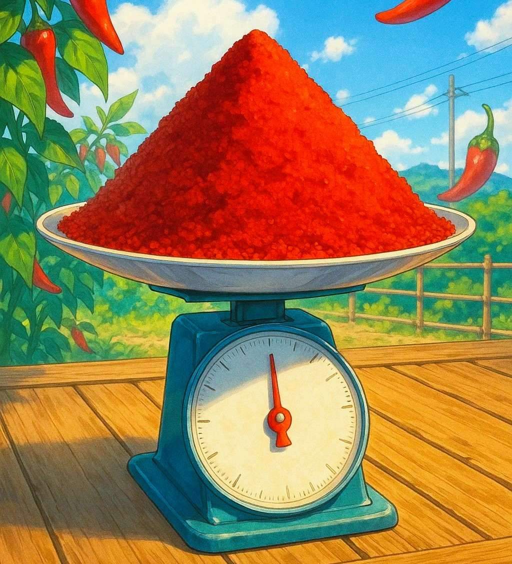 저울에 올려진 고추가루 1근 무게 600g, 고추가루 가격과 시세 확인, 몇그램 몇g 몇킬로 단위 환산