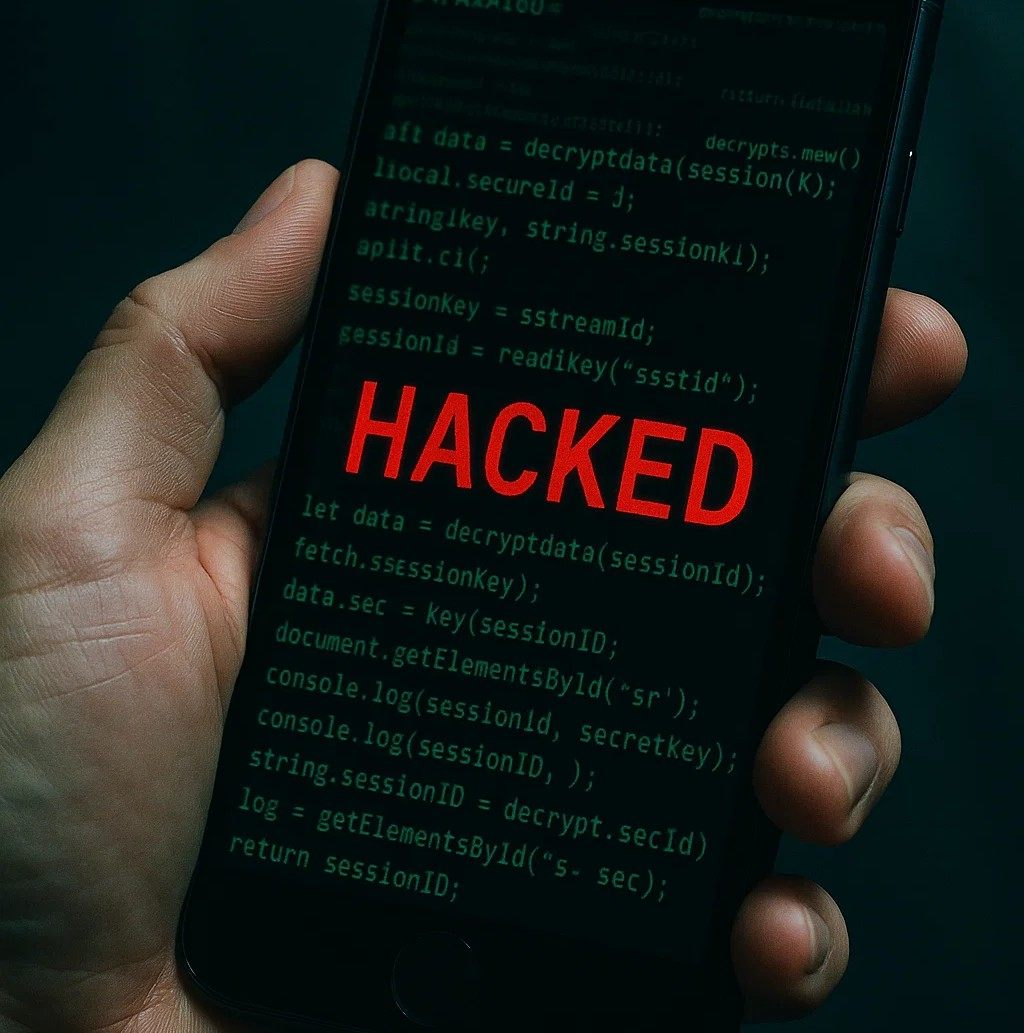 스마트폰 화면에 HACKED 메시지가 표시된 모습, 해킹 위험을 알리는 경고 이미지