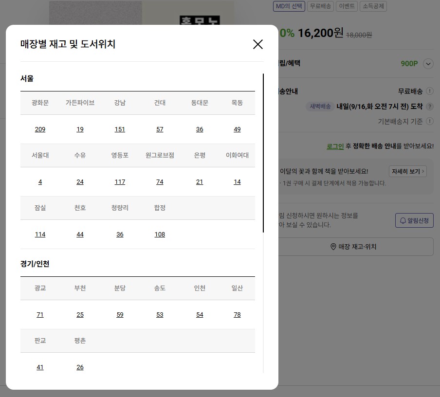 교보문고 재고확인 버튼을 눌렀을 때 뜨는 매장별 실시간 재고와 도서 위치 팝업 화면