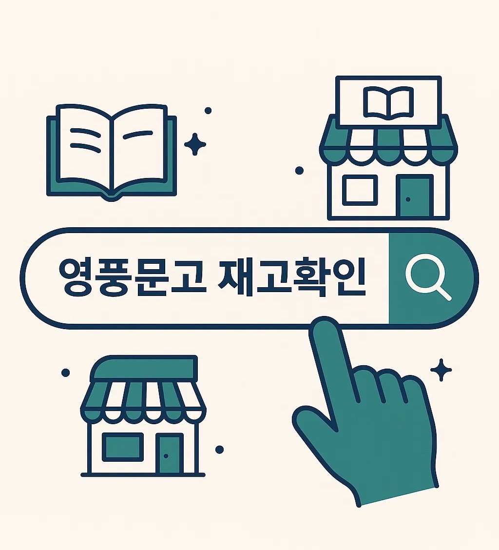 영풍문고 재고확인 검색창에 입력된 화면, 모바일과 홈페이지에서 재고조회 및 앨범 확인 방법을 표현한 일러스트