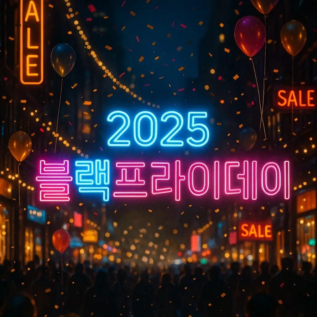 2025 블랙프라이데이 메인 이미지, 코리아세일페스타와 무신사·가민·삼성·올리브영 등 주요 브랜드 세일 일정과 할인 혜택 정보를 한눈에 보여주는 축제형 네온사인 디자인