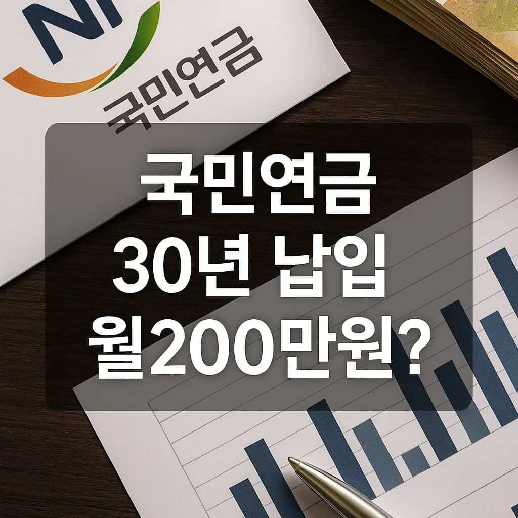 국민연금 30년 납입 후 월 200만원 수령 가능 여부를 보여주는 그래프와 국민연금 서류 이미지