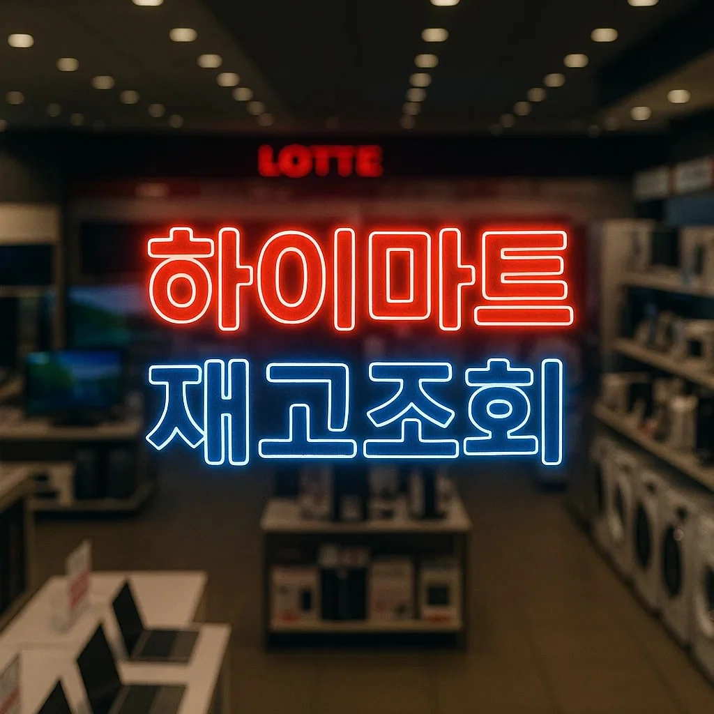 하이마트 매장 내부에서 하이마트 재고조회 네온사인 문구가 보이는 모습, 스마트픽과 매장 재고 확인을 안내하는 이미지