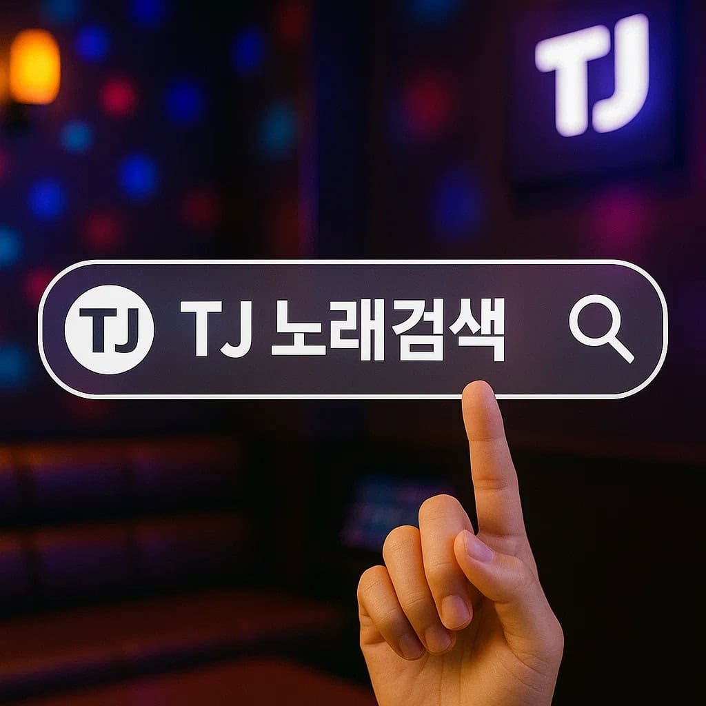 TJ 노래검색 화면을 손가락으로 가리키는 장면, TJ미디어 노래방 곡검색, 일본곡·중국곡·팝송까지 한 번에 찾을 수 있는 TJ 노래검색 이미지
