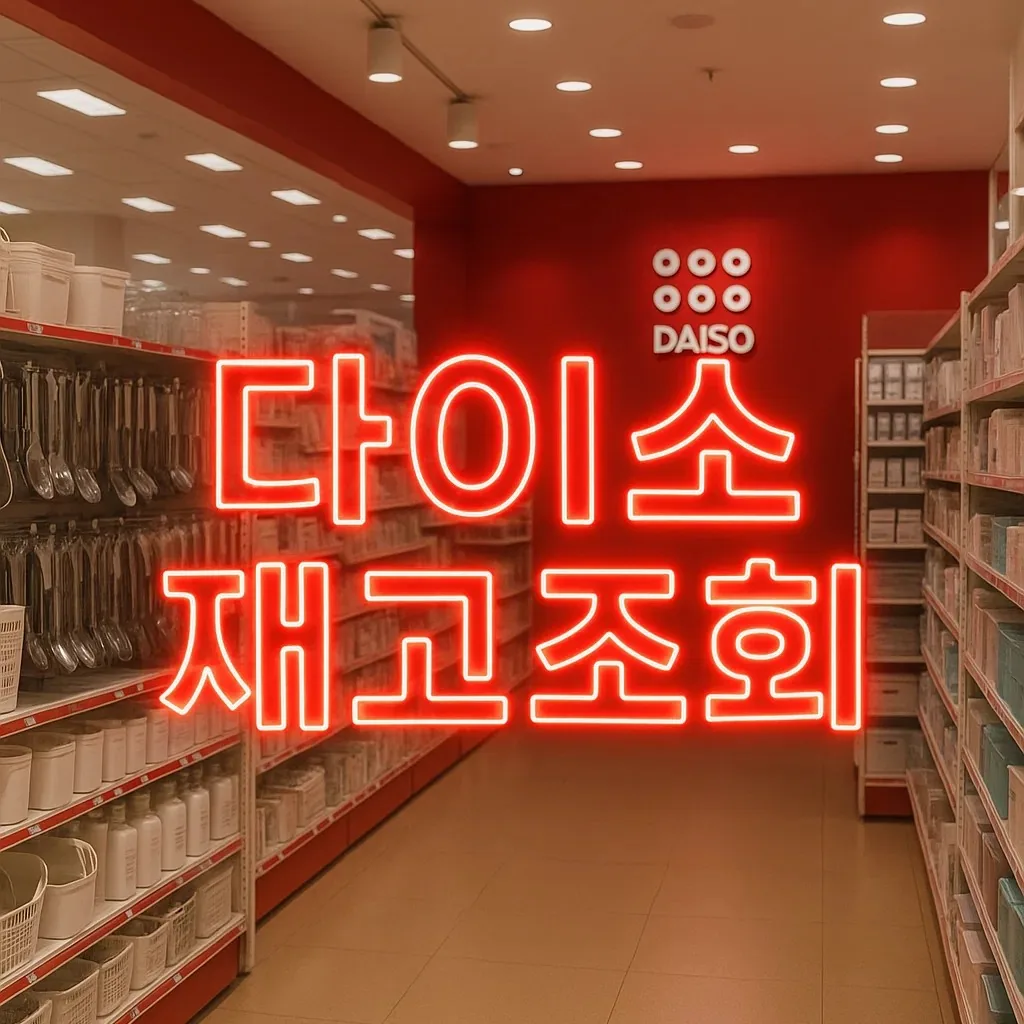 다이소 매장 내부 전경에 '다이소 재고조회' 글자가 네온사인처럼 중앙에 크게 표시된 모습, 매장 선반과 상품들이 깔끔하게 정리되어 있음, 다이소 앱과 매장 전화 확인 관련 정보를 강조한 블로그용 이미지