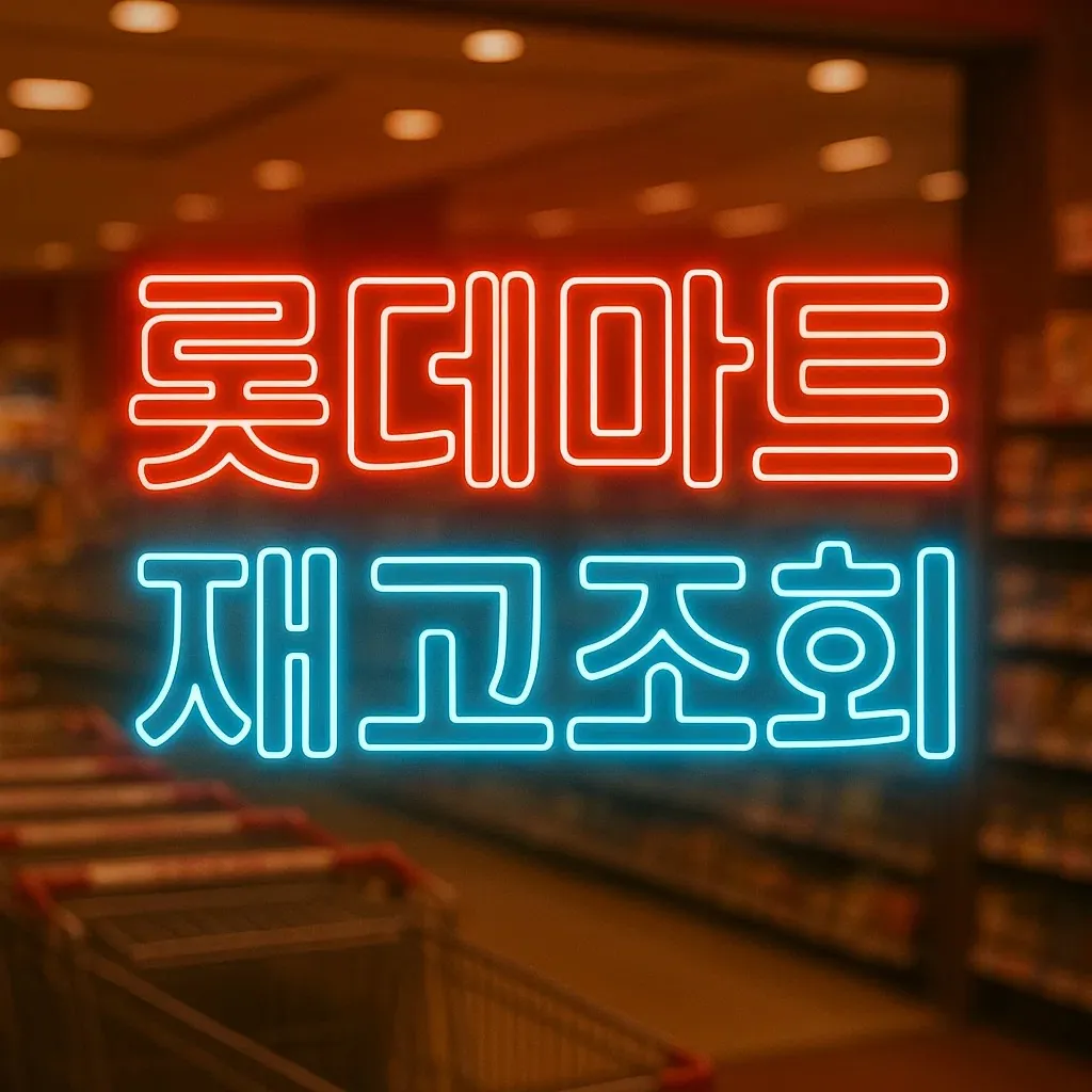 롯데마트 재고조회 네온사인 간판 이미지, 매장 배경에 붉은 롯데마트와 파란 재고조회 글씨가 빛나는 장면. 사이트, 어플, 품절 상품 재고 확인을 상징하는 대표 썸네일.