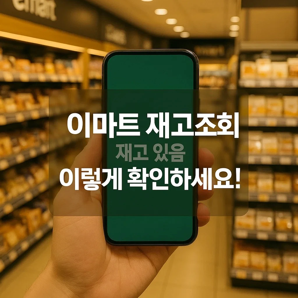이마트 매장에서 스마트폰으로 상품 재고를 확인하는 모습, 화면에는 ‘재고 있음’ 문구가 표시되어 있고, 매장 진열대와 노란 조명이 보이는 장면