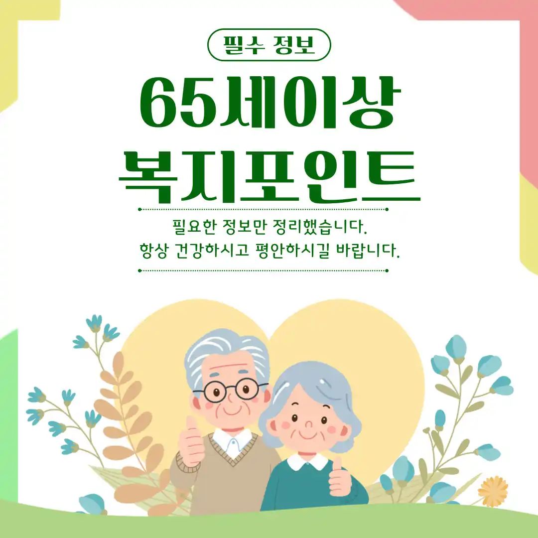 65세 이상 복지포인트 이용 안내 이미지로 신청방법, 자격, 대상, 지원금, 사용처 정보를 요약해 보여주는 그림