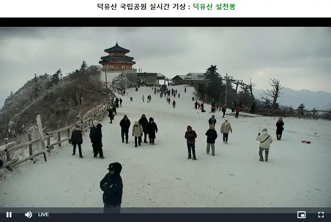 덕유산 국립공원 설천봉 CCTV 실시간 화면, 상부 적설과 시야 상태 확인